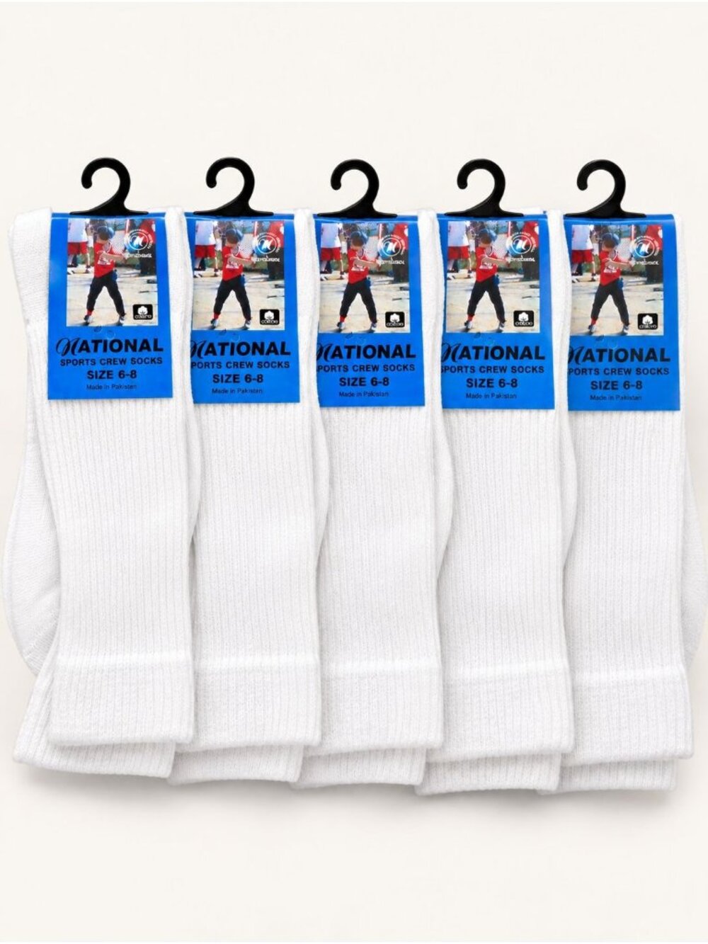 National Sports Crew Socks 5 Pairs White Size 6-8 Cotton Blend NEW
